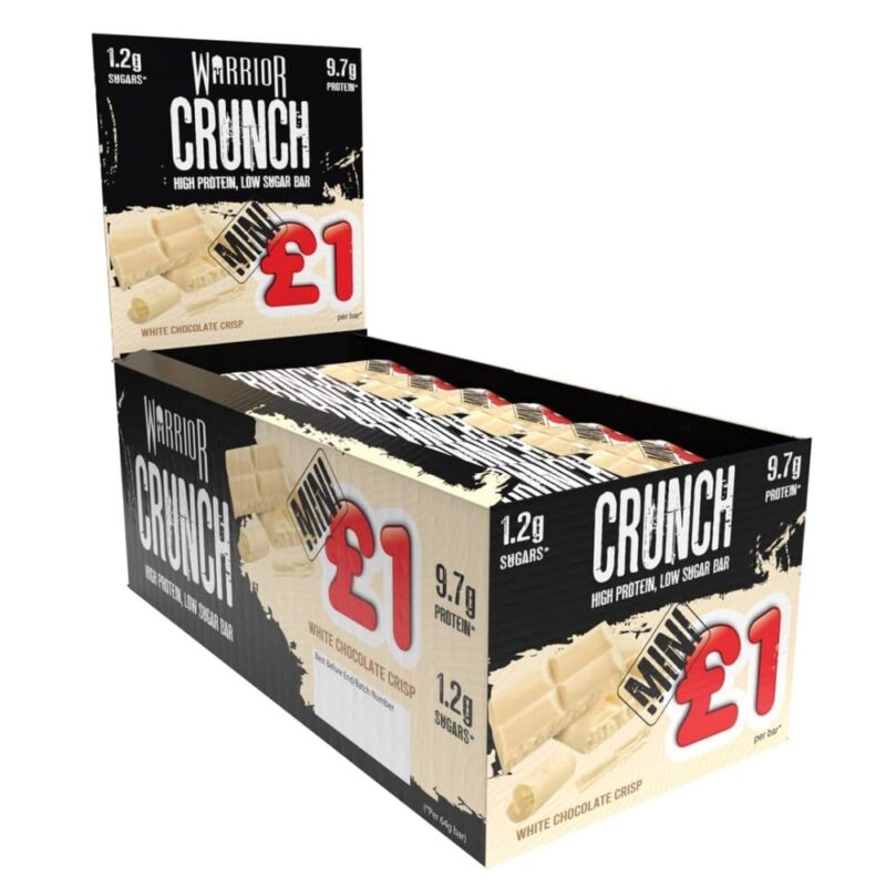 بارات بروتين صغيرة Warrior CRUNCH عبوة من 24 قطعة × 32 جرامًا من الشوكولاتة البيضاء، وجبة خفيفة منخفضة الكربوهيدرات