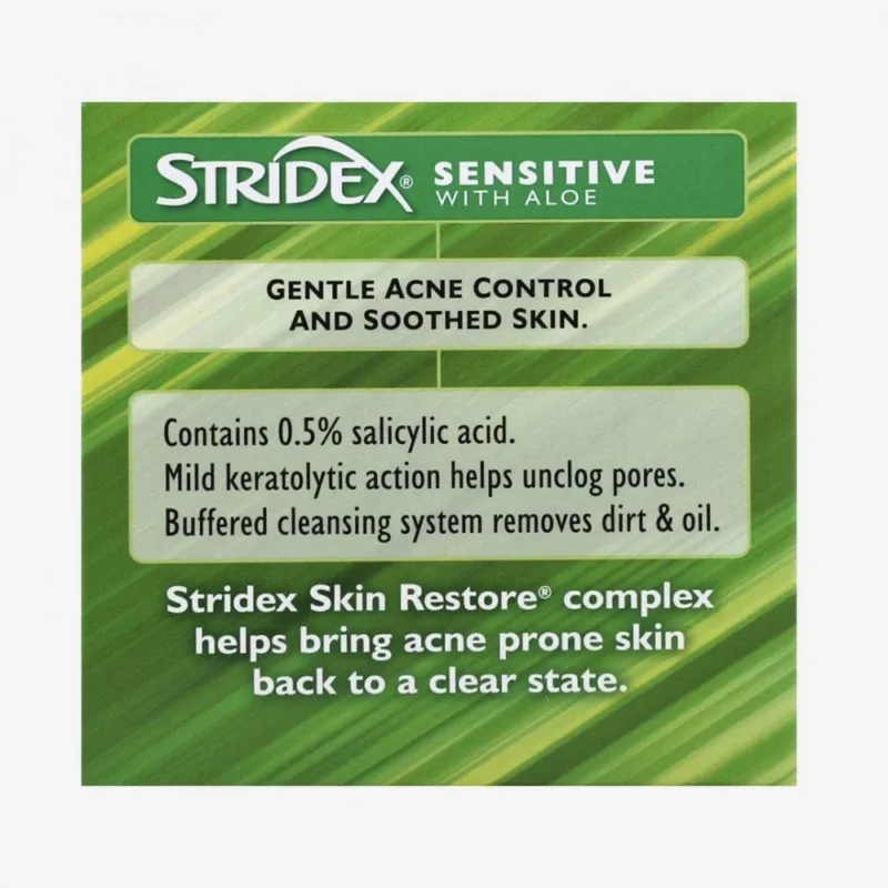⁦🧼 ستريدكس – مسحات قطنية بالصبار لمكافحة حب الشباب للبشرة الحساسة – 55 قطعة  Stridex Sensitive with Aloe – Acne Control Pads – 55 Pads⁩ - الصورة ⁦2⁩