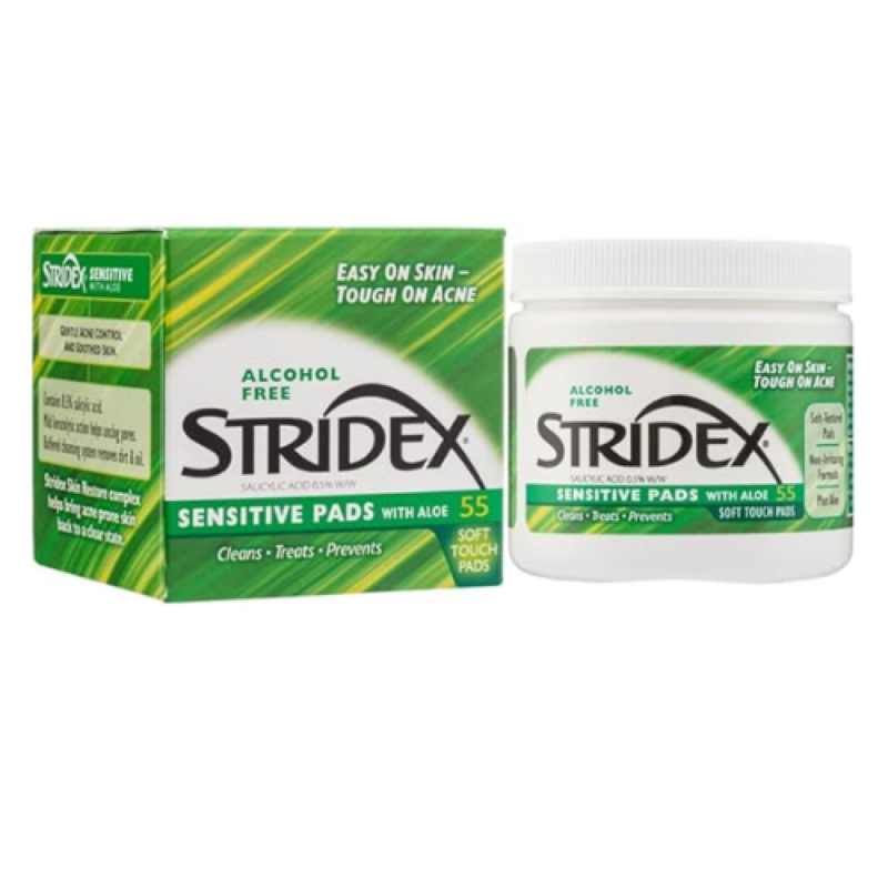 🧼 ستريدكس – مسحات قطنية بالصبار لمكافحة حب الشباب للبشرة الحساسة – 55 قطعة  Stridex Sensitive with Aloe – Acne Control Pads – 55 Pads