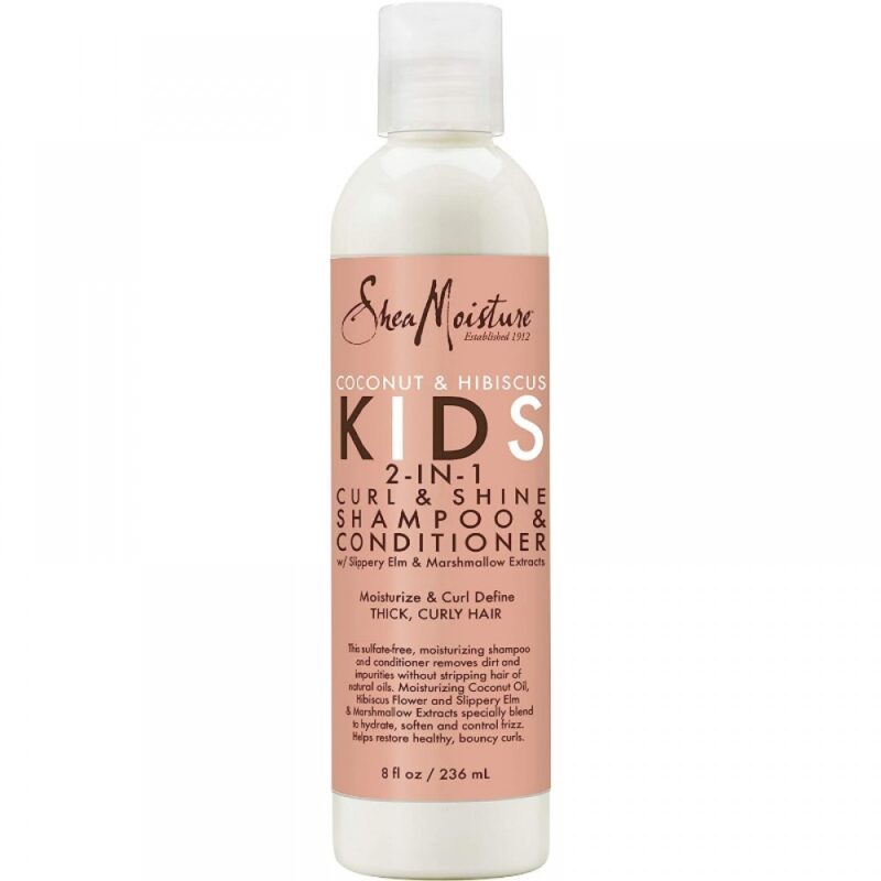 🧴 شامبو وبلسم وكريم أطفال من Shea Moisture بجوز الهند والكركديه – خالٍ من الكبريتات | 3 في 1 لفك التشابك، الترطيب، واللمعان
